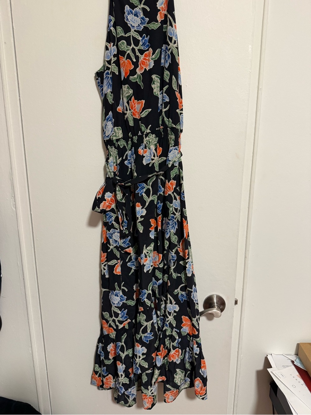 Joie Black Floral Maxi Dress with Self Tie